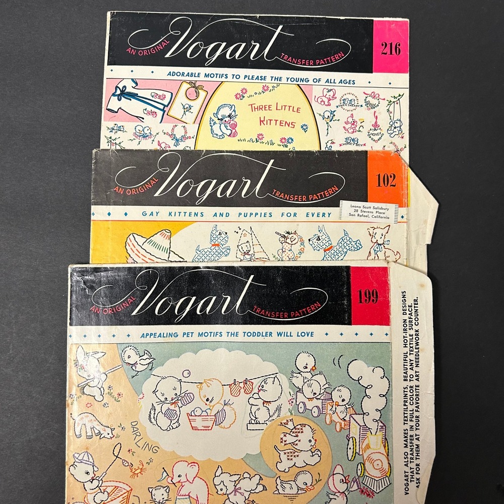 Vintage Vogart Embroidery Transfer Patterns Lot of 3 Pet Motifs